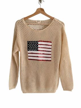 BiBi Womens Sequin American Flag Open Knit Cover Up Top Size S USA 4th of July